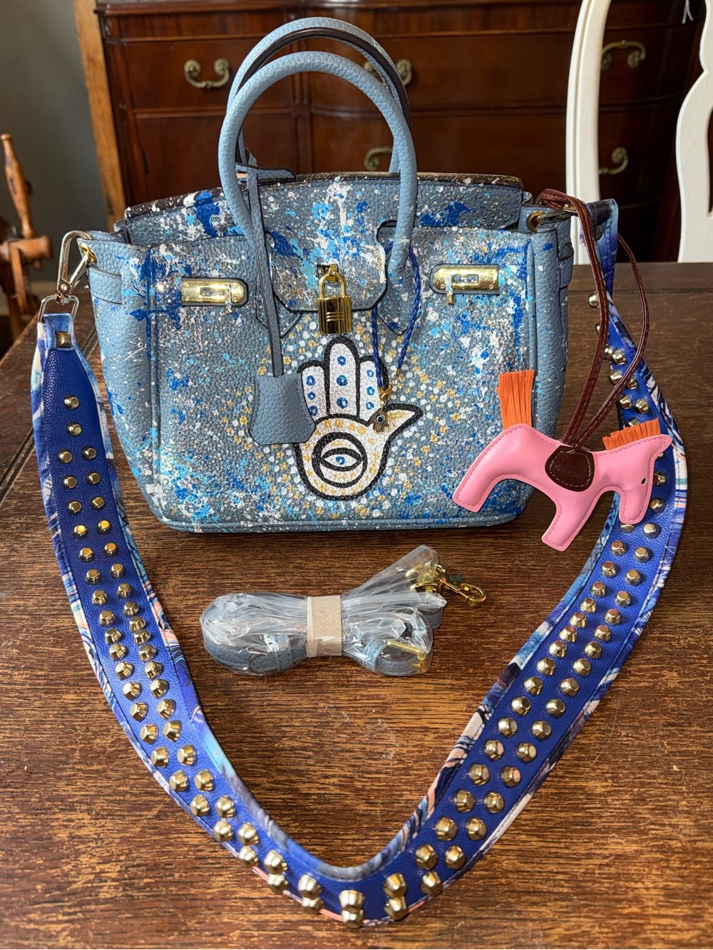 EUC Anca Barbu original hand painted Nicole satchel bag Hamsa pattern w/2 straps